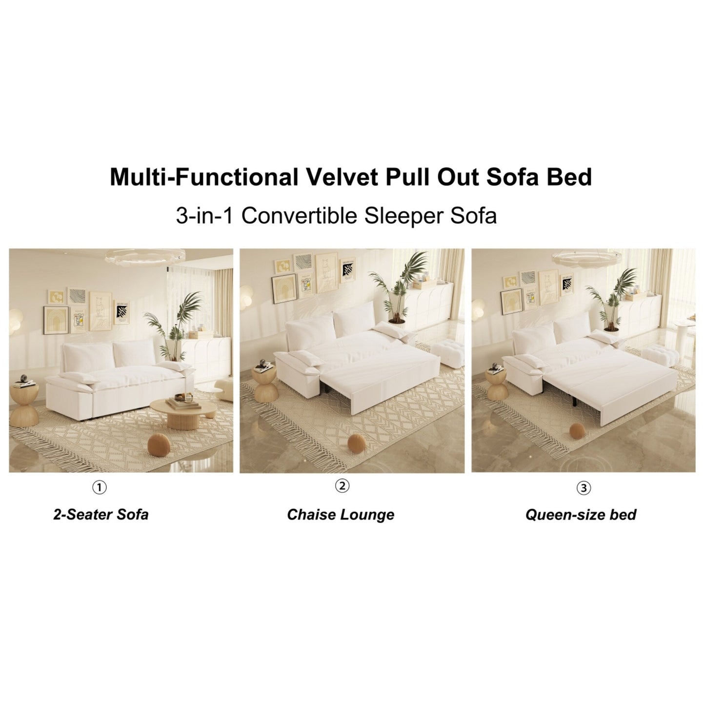 Canapé-lit gigogne en velours beige avec coussins moelleux