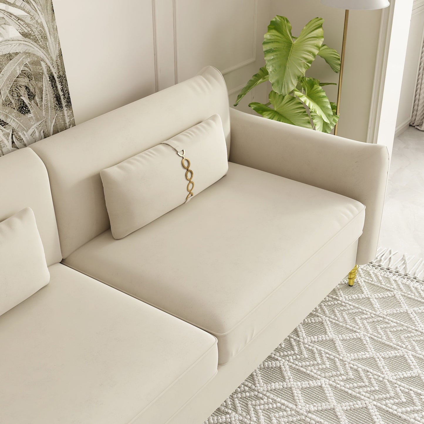 Canapé causeuse en velours beige avec pieds dorés