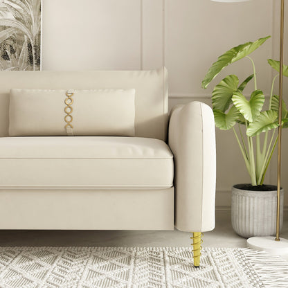 Canapé causeuse en velours beige avec pieds dorés