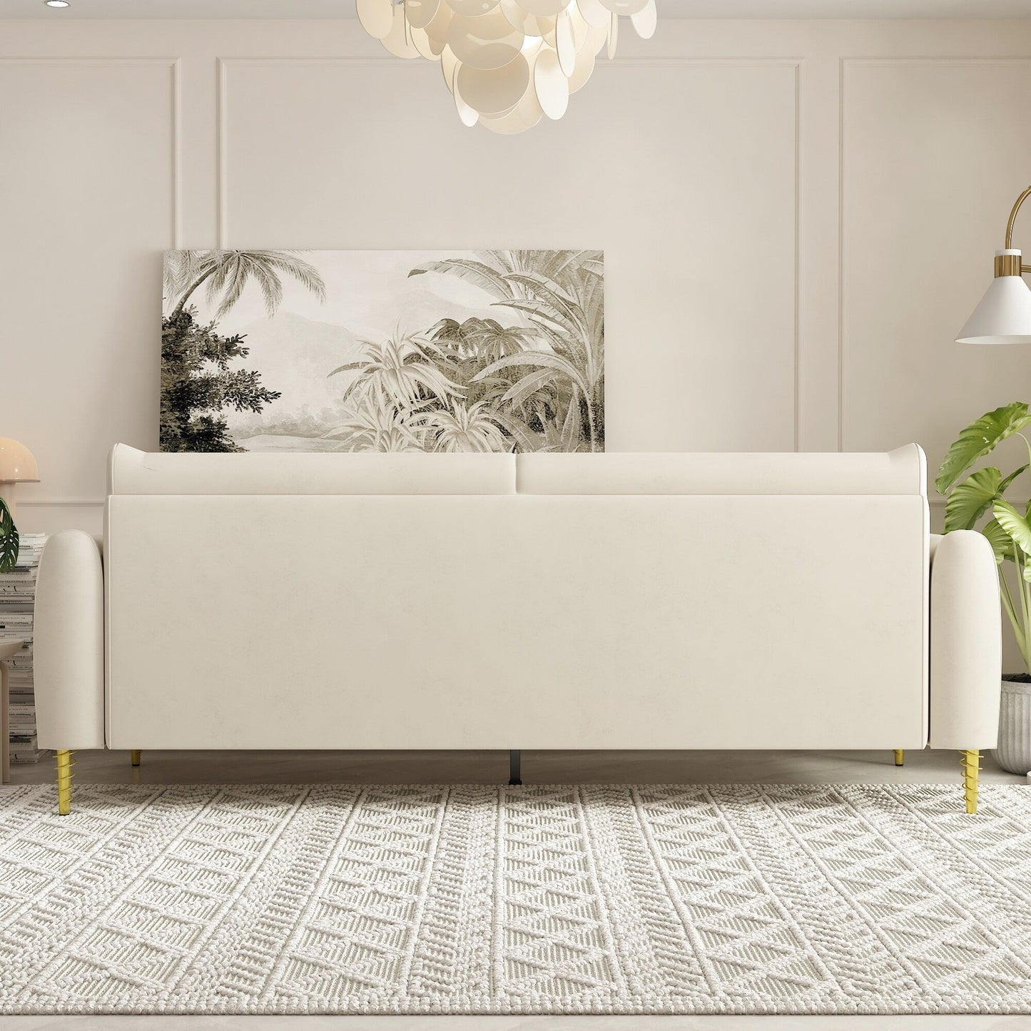 Canapé causeuse en velours beige avec pieds dorés