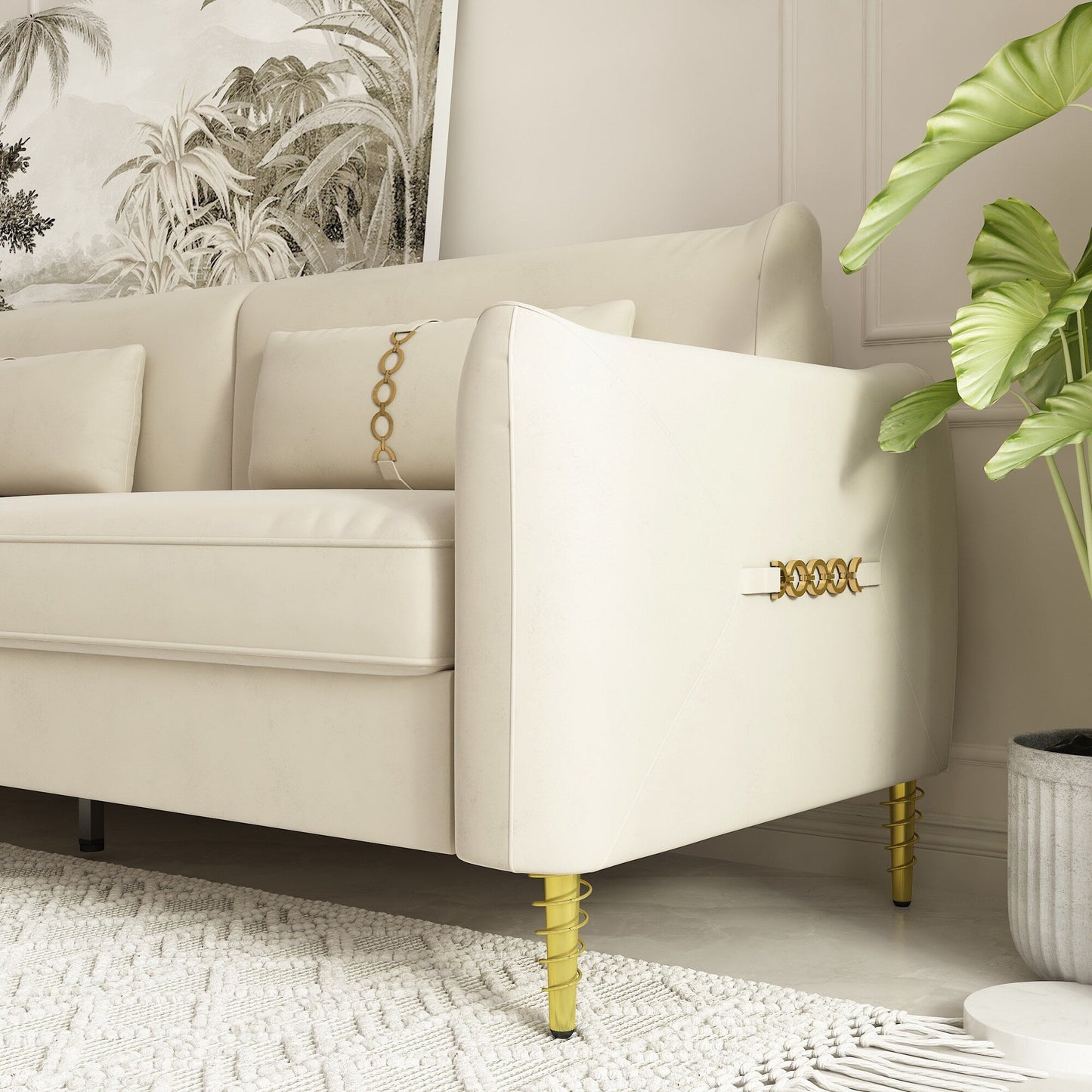 Canapé causeuse en velours beige avec pieds dorés