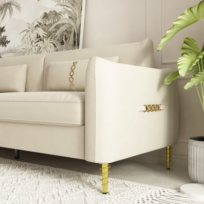 Canapé causeuse en velours beige avec pieds dorés
