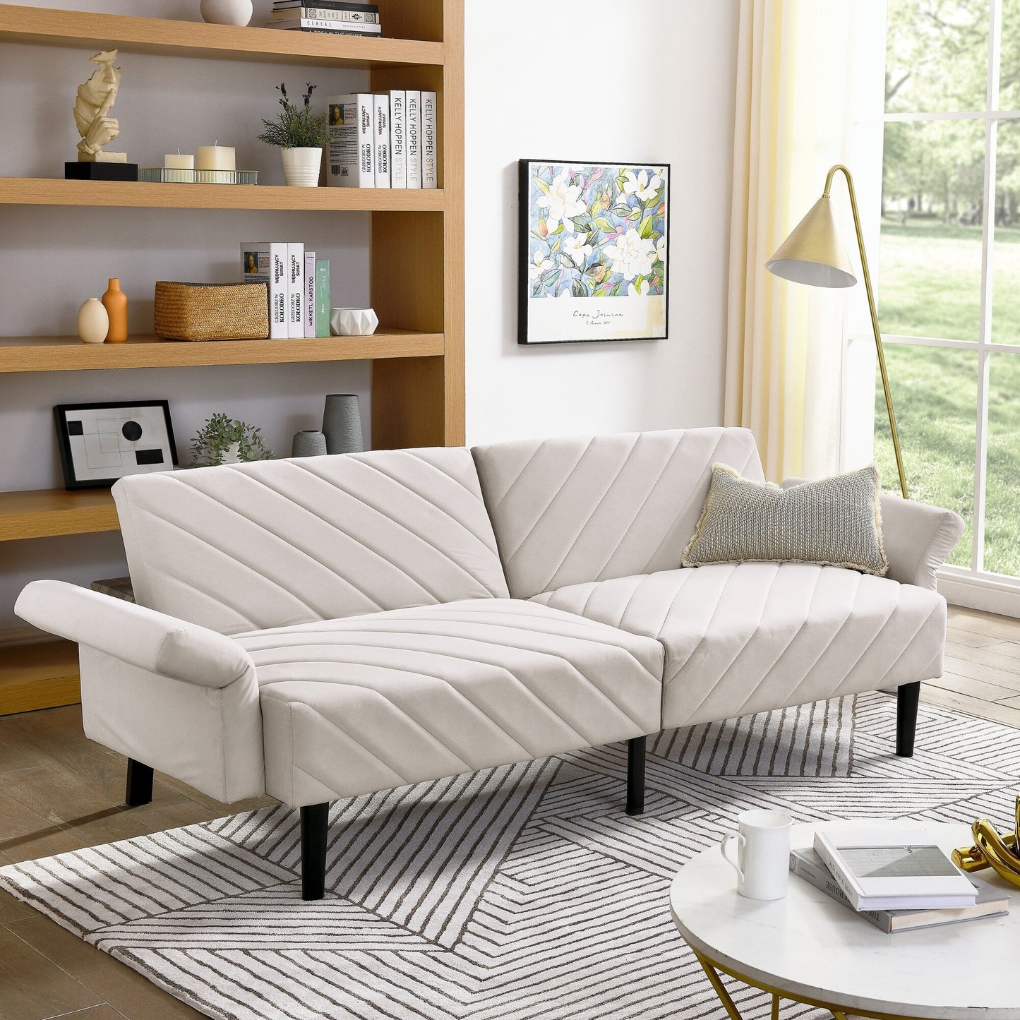 Canapé-lit futon convertible capitonné en velours beige