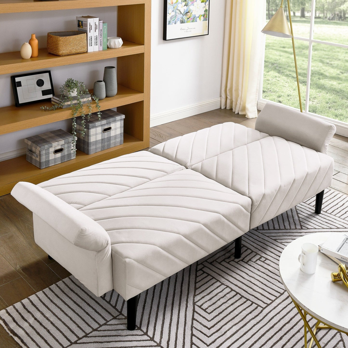 Canapé-lit futon convertible capitonné en velours beige