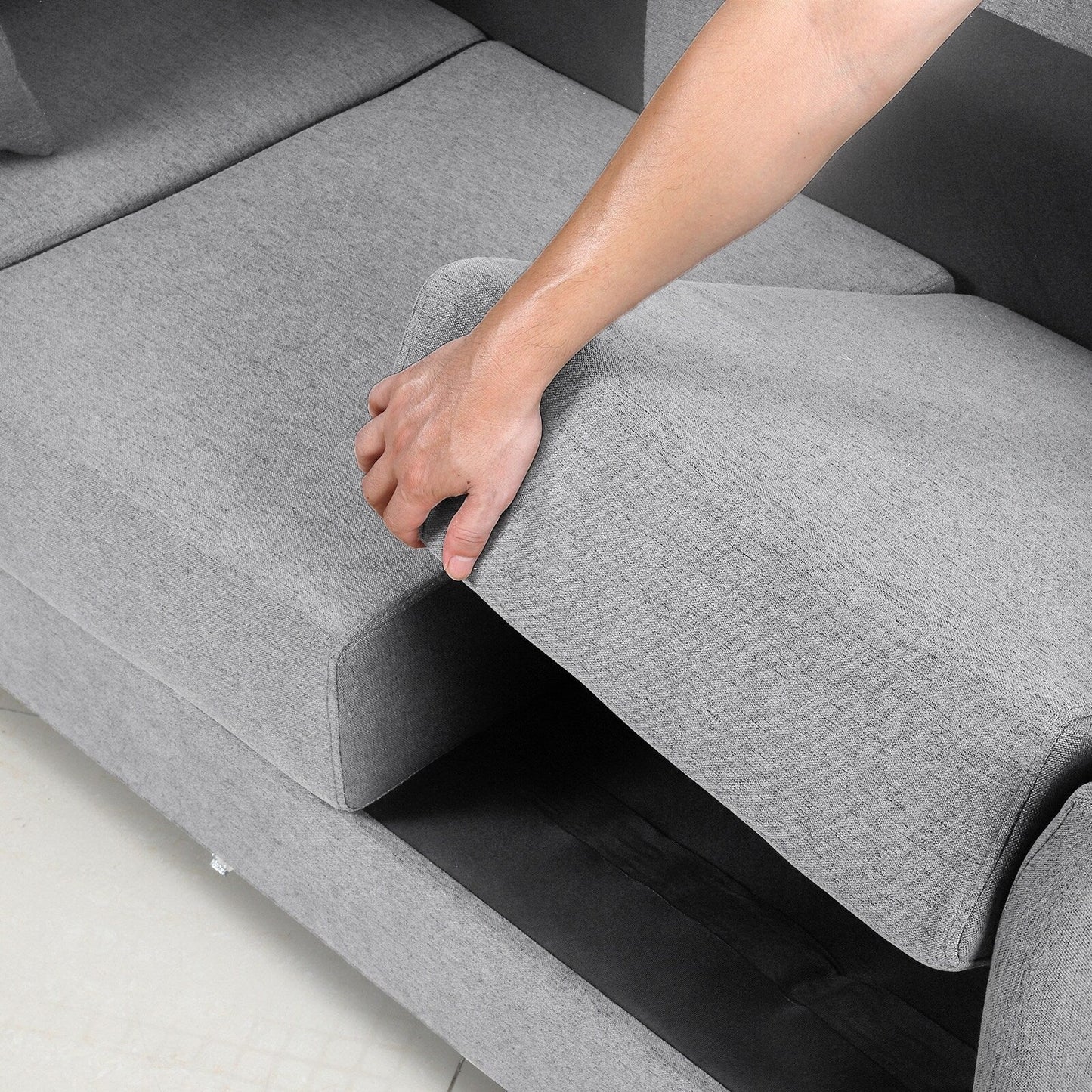 Canapé 3 places moderne en lin beige et gris, 65,55 $, avec structure en métal et coussins, pour le salon