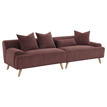 Canapé long Beno, 260 cm, velours côtelé bordeaux rétro, 4 coussins décoratifs
