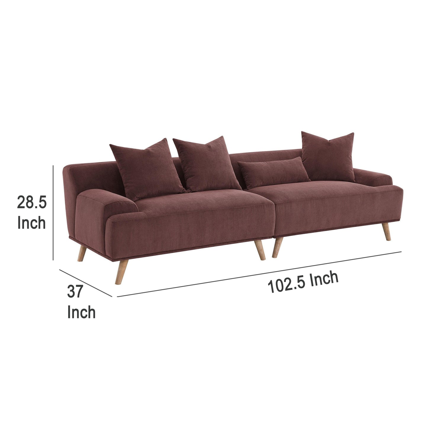 Canapé long Beno, 260 cm, velours côtelé bordeaux rétro, 4 coussins décoratifs