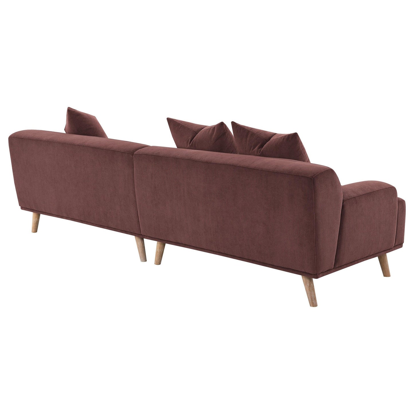 Canapé long Beno, 260 cm, velours côtelé bordeaux rétro, 4 coussins décoratifs