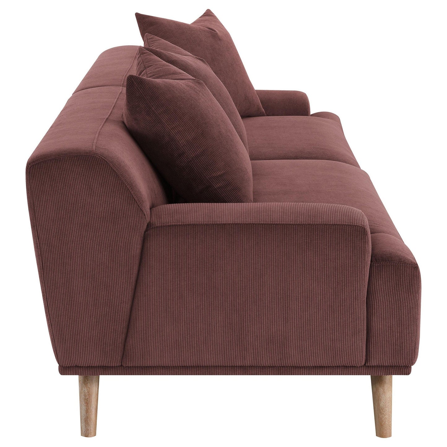 Canapé long Beno, 260 cm, velours côtelé bordeaux rétro, 4 coussins décoratifs
