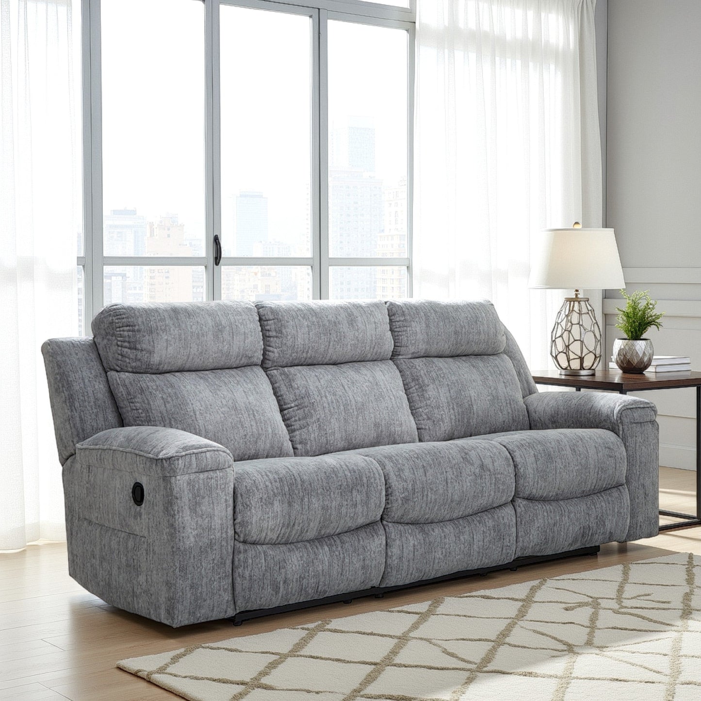 Canapé inclinable manuel Benson, polyester gris, structure en métal, 87 pouces