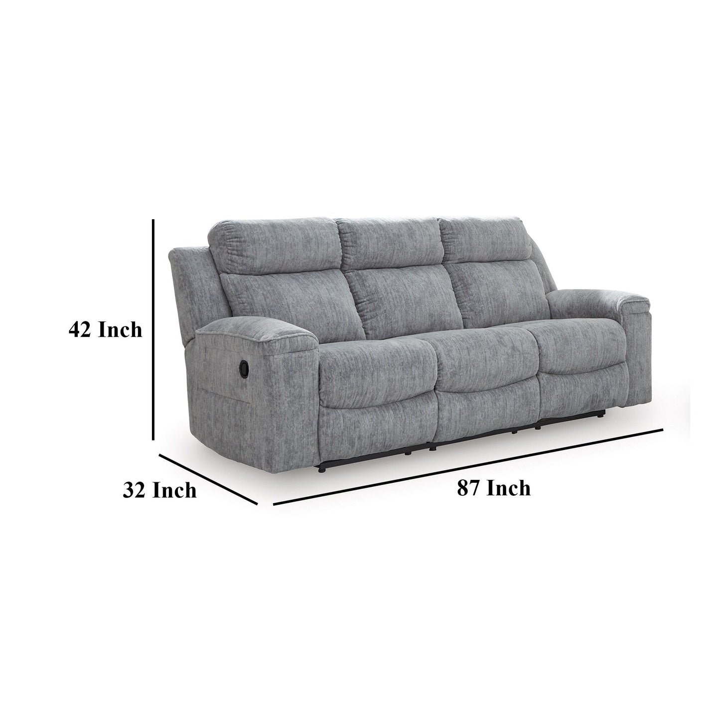 Canapé inclinable manuel Benson, polyester gris, structure en métal, 87 pouces