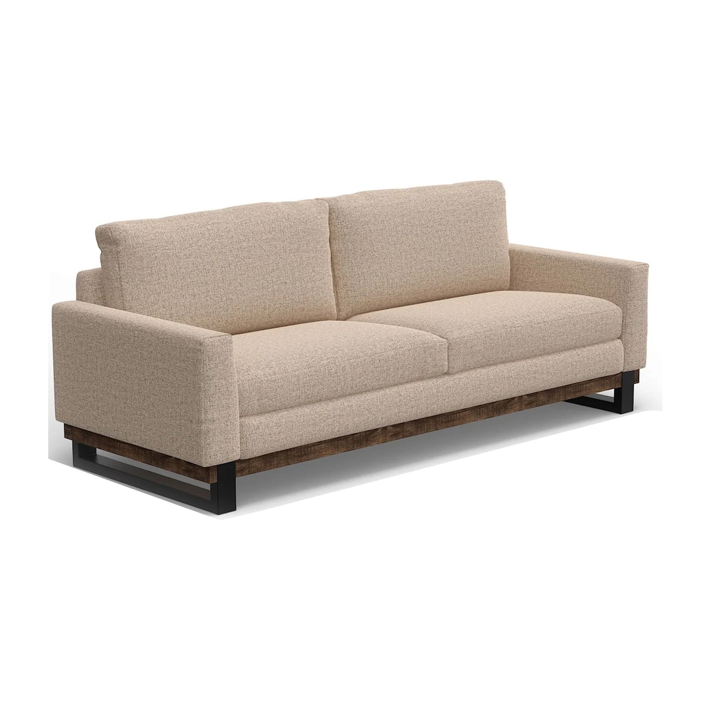 Canapé Bery, piètement moderne en pin massif, revêtement en polyester marron clair doux