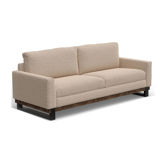 Canapé Bery, piètement moderne en pin massif, revêtement en polyester marron clair doux