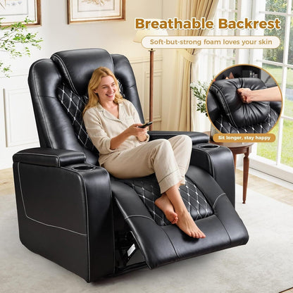 Grand fauteuil inclinable électrique de luxe en similicuir noir pour personnes âgées, avec ports USB et 2 porte-gobelets.