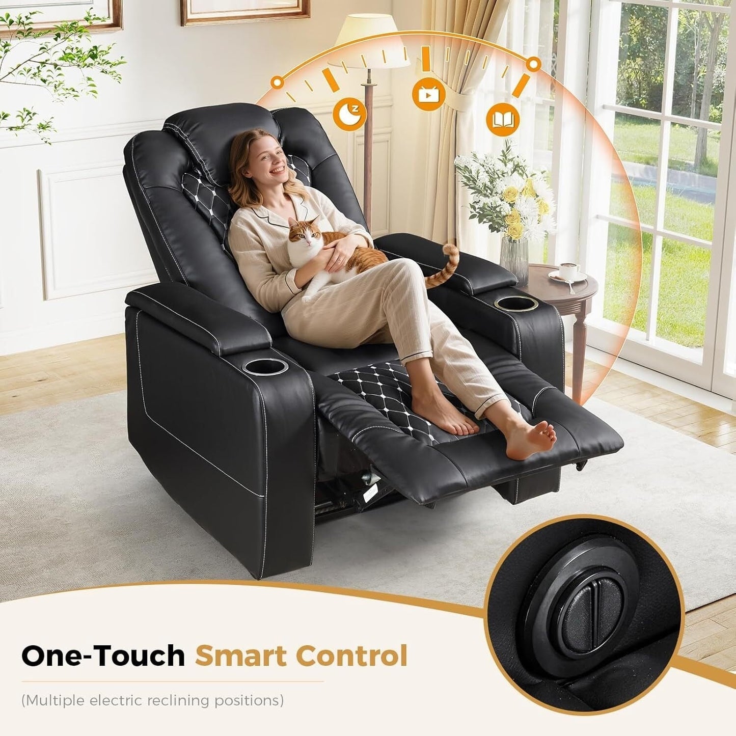 Grand fauteuil inclinable électrique de luxe en similicuir noir pour personnes âgées, avec ports USB et 2 porte-gobelets.