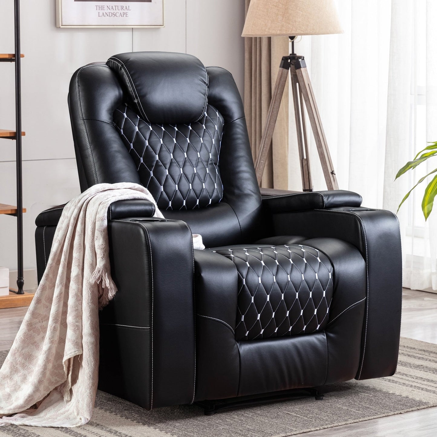 Grand fauteuil inclinable électrique de luxe en similicuir noir pour personnes âgées, avec ports USB et 2 porte-gobelets.