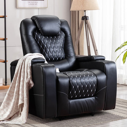 Grand fauteuil inclinable électrique de luxe en similicuir noir pour personnes âgées, avec ports USB et 2 porte-gobelets.