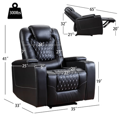 Grand fauteuil inclinable électrique de luxe en similicuir noir pour personnes âgées, avec ports USB et 2 porte-gobelets.