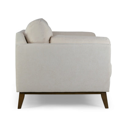 Canapé Birre en tissu micro-bouclé beige avec pieds en bois de noyer