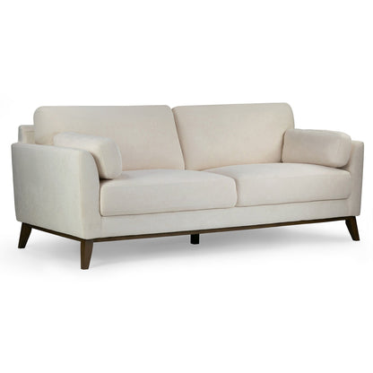 Canapé Birre en tissu micro-bouclé beige avec pieds en bois de noyer