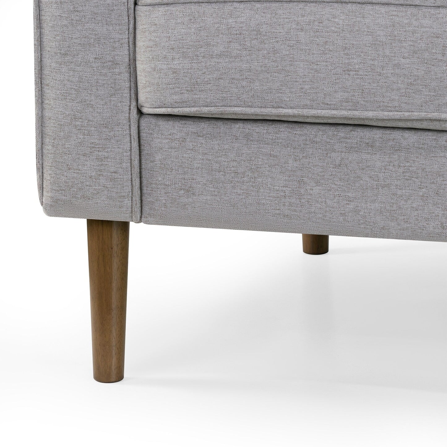 Canapé Bisera en tissu sergé beige capitonné avec pieds en bois de noyer