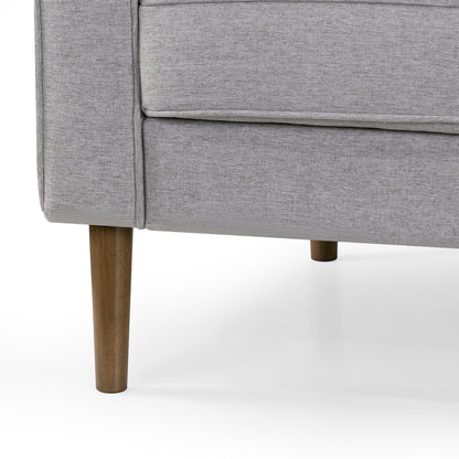 Canapé Bisera en tissu sergé beige capitonné avec pieds en bois de noyer