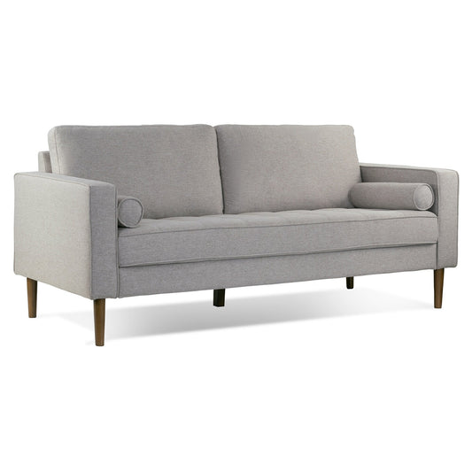 Canapé Bisera en tissu sergé beige capitonné avec pieds en bois de noyer