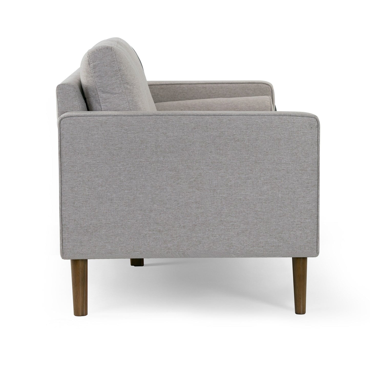 Canapé Bisera en tissu sergé beige capitonné avec pieds en bois de noyer