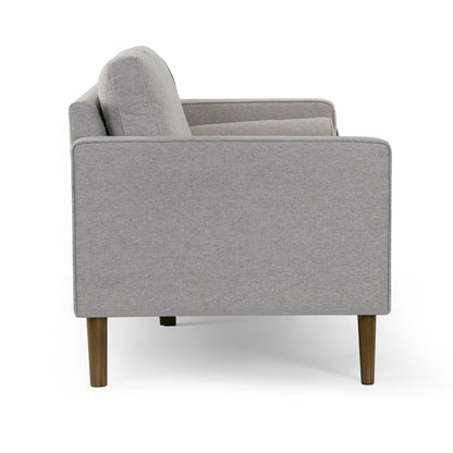 Canapé Bisera en tissu sergé beige capitonné avec pieds en bois de noyer