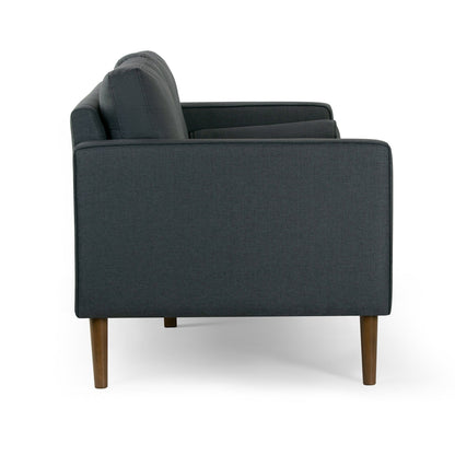 Canapé Bisera en tissu sergé gris foncé avec pieds en bois de noyer