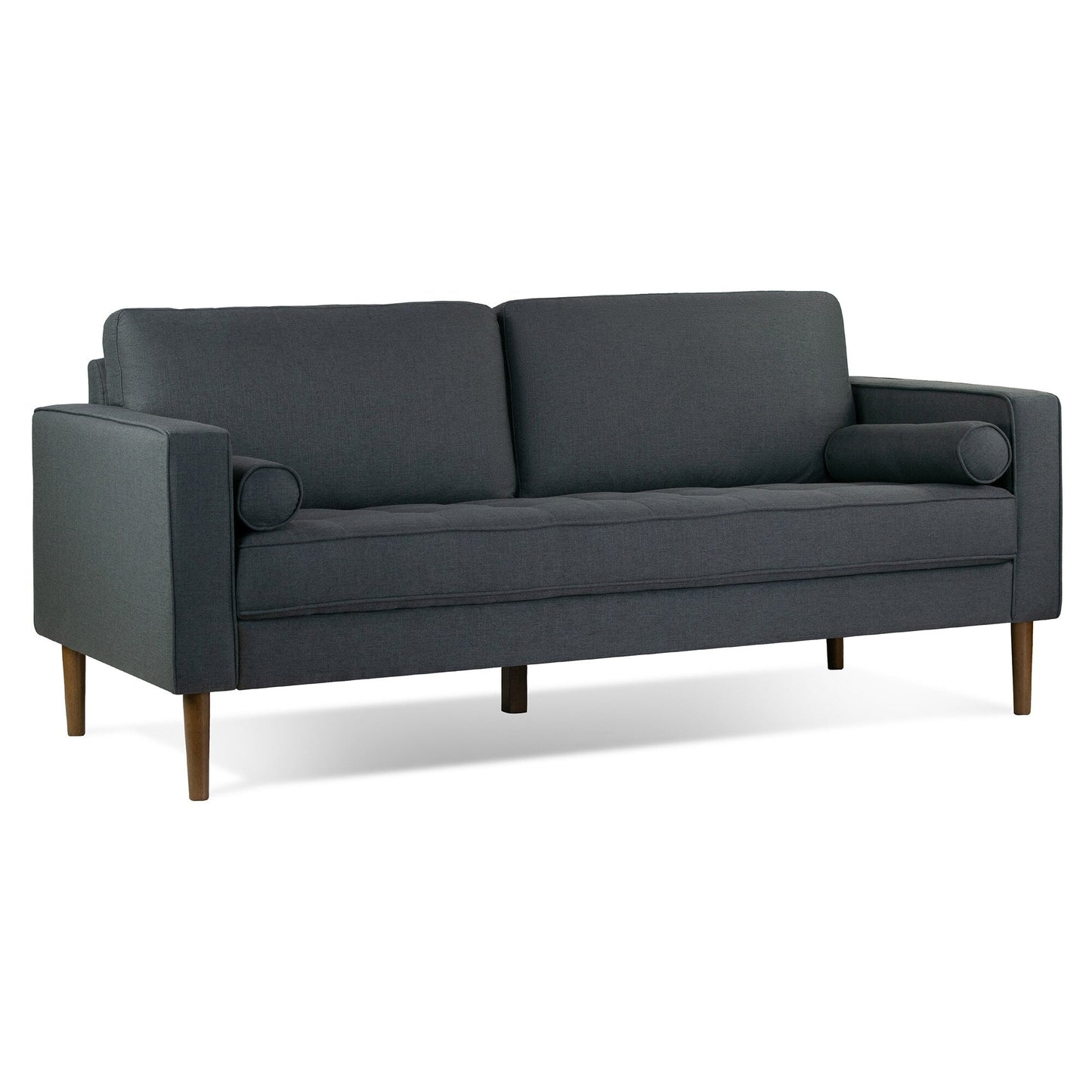 Canapé Bisera en tissu sergé gris foncé avec pieds en bois de noyer