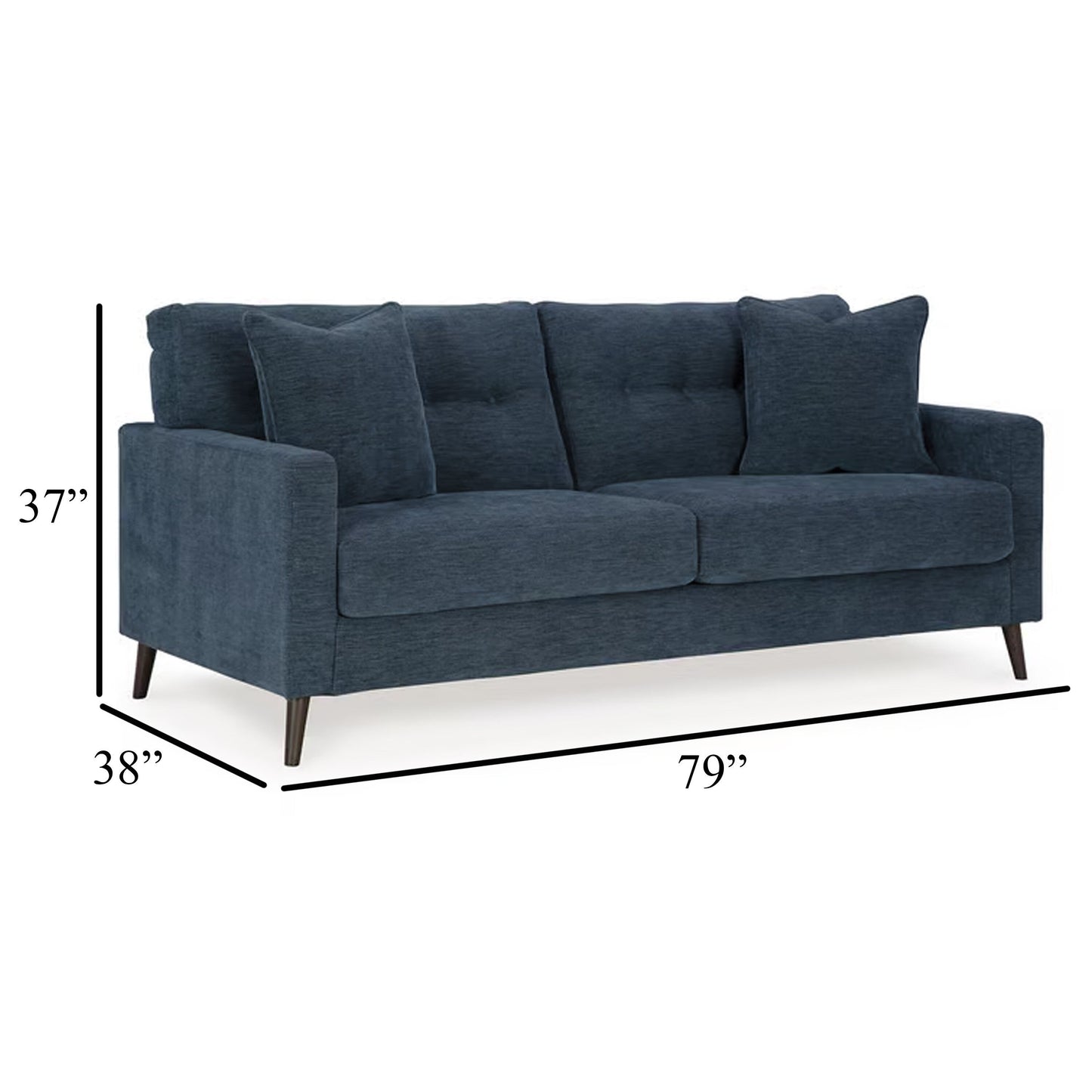Canapé Bixy, 200 cm, bleu foncé, accoudoirs droits, 2 coussins décoratifs