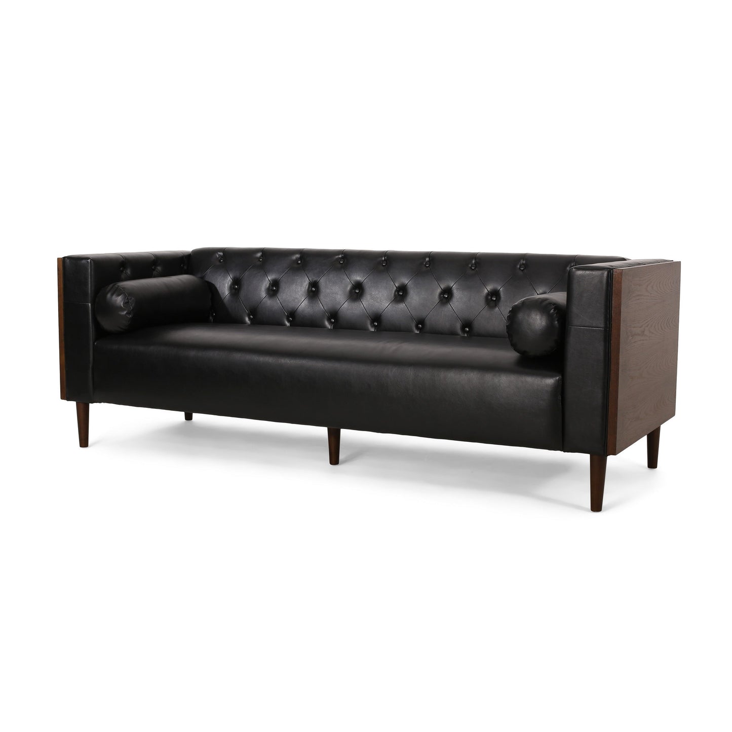 Canapé Biya, 90 pouces, Chesterfield capitonné en similicuir noir, 2 coussins