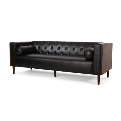 Canapé Biya, 90 pouces, Chesterfield capitonné en similicuir noir, 2 coussins