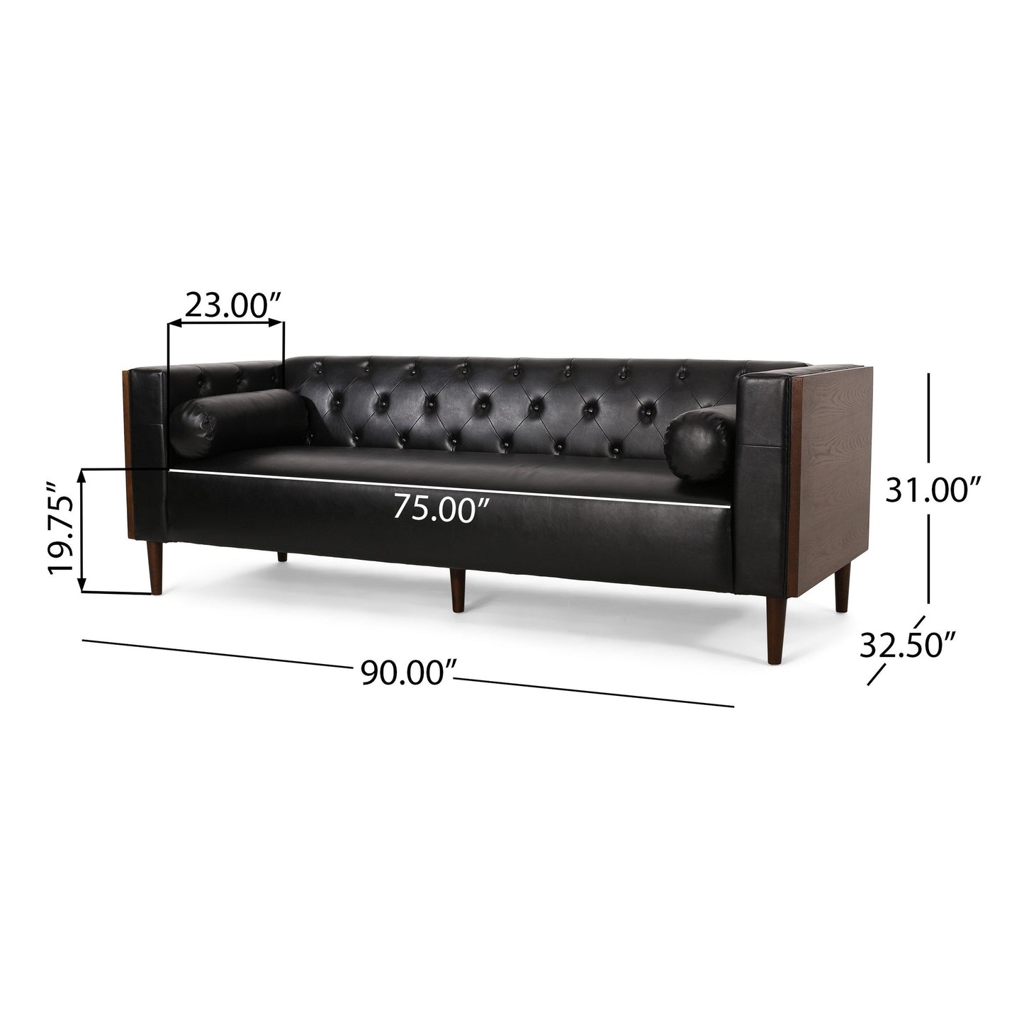 Canapé Biya, 90 pouces, Chesterfield capitonné en similicuir noir, 2 coussins