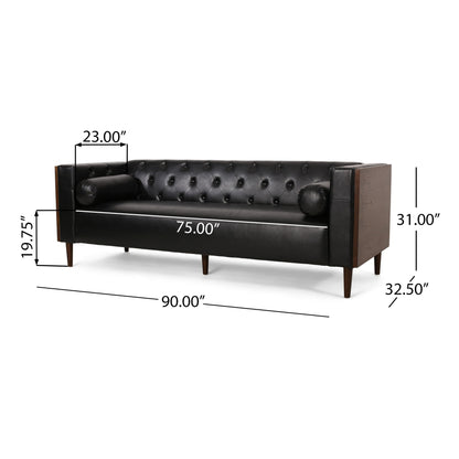 Canapé Biya, 90 pouces, Chesterfield capitonné en similicuir noir, 2 coussins