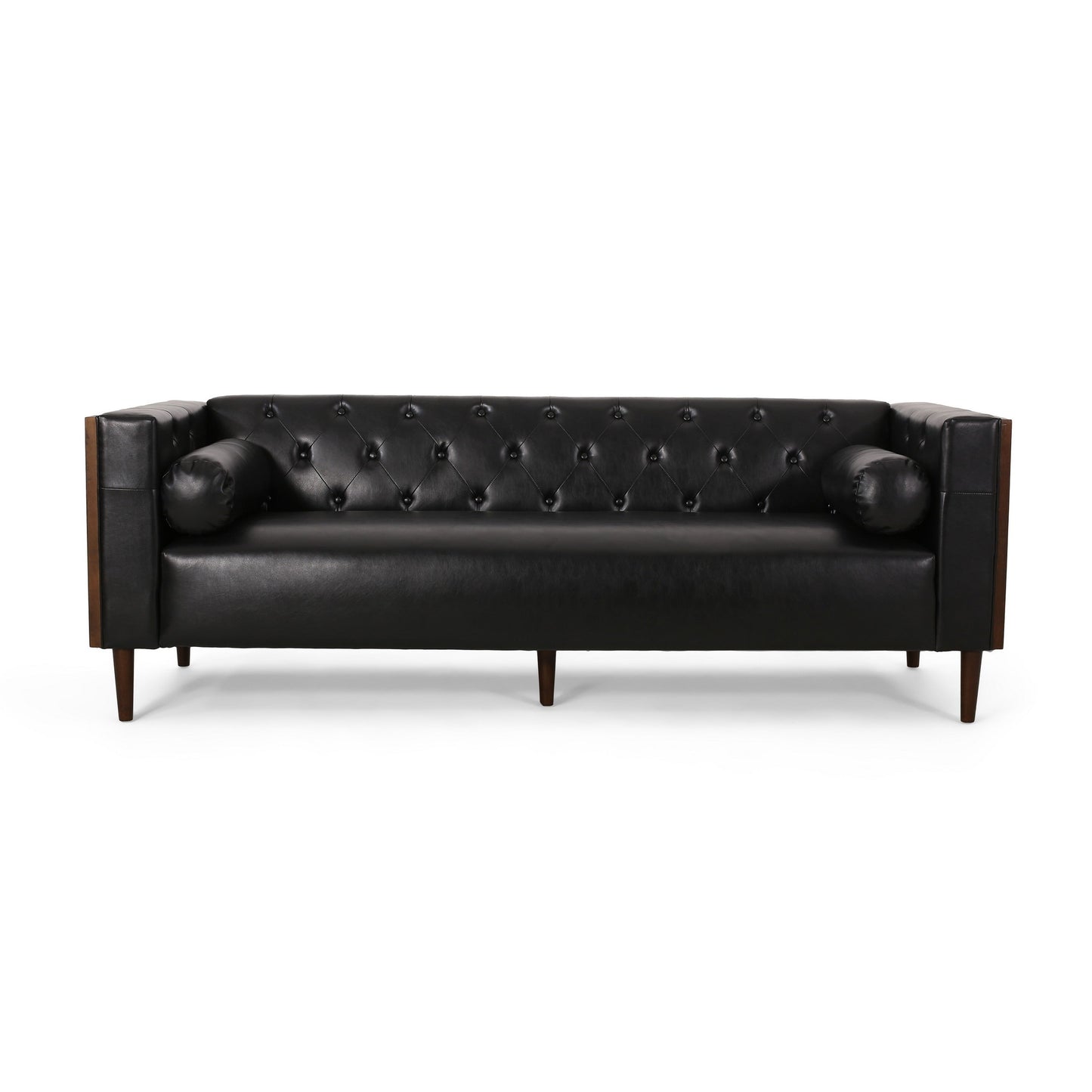 Canapé Biya, 90 pouces, Chesterfield capitonné en similicuir noir, 2 coussins
