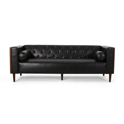 Canapé Biya, 90 pouces, Chesterfield capitonné en similicuir noir, 2 coussins