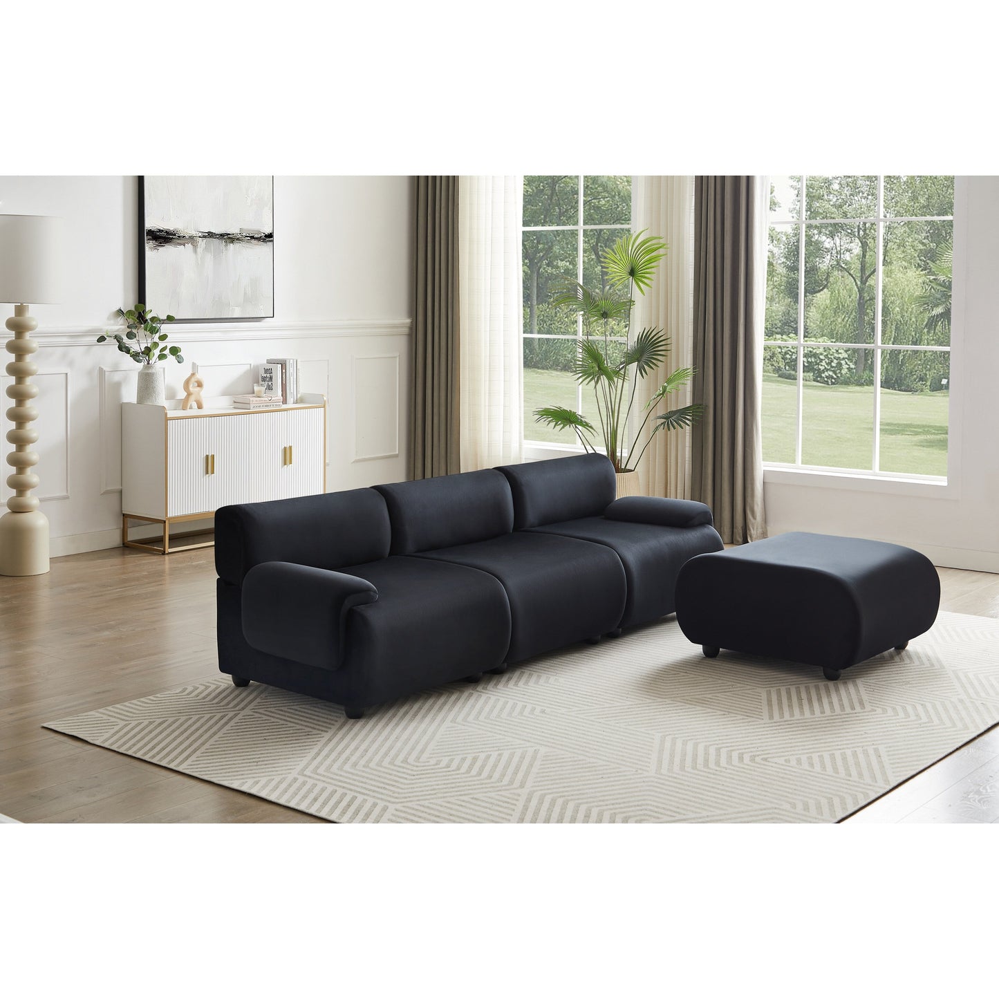 Grand canapé modulaire 3 places noir 105, avec pouf amovible, assise profonde style nuage, structure en bois massif