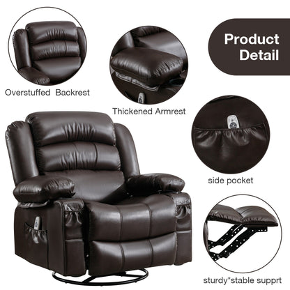 Fauteuil inclinable pivotant à 360° noir avec massage par vibration, chauffage, poches latérales, port USB et deux porte-gobelets