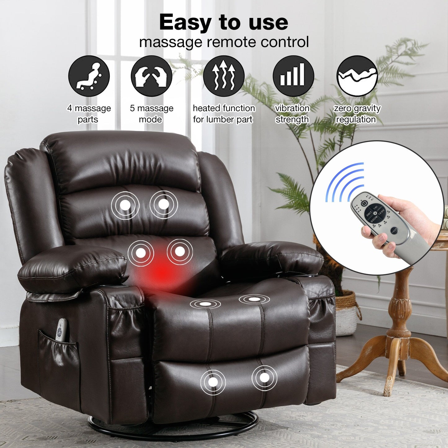 Fauteuil inclinable pivotant à 360° noir avec vibrations, chauffage, chargement USB, porte-gobelets et poche de rangement latérale