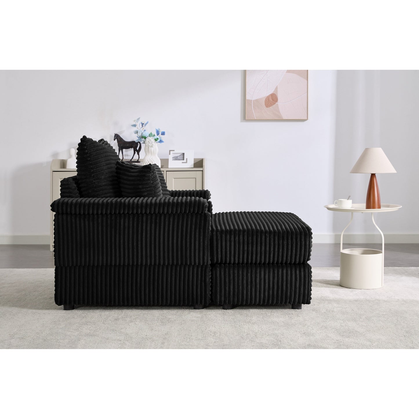Canapé simple profond en velours côtelé noir 42,52 po avec pouf amovible, accoudoir avec rangement et 2 coussins décoratifs