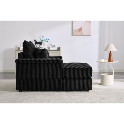 Canapé simple profond en velours côtelé noir 42,52 po avec pouf amovible, accoudoir avec rangement et 2 coussins décoratifs