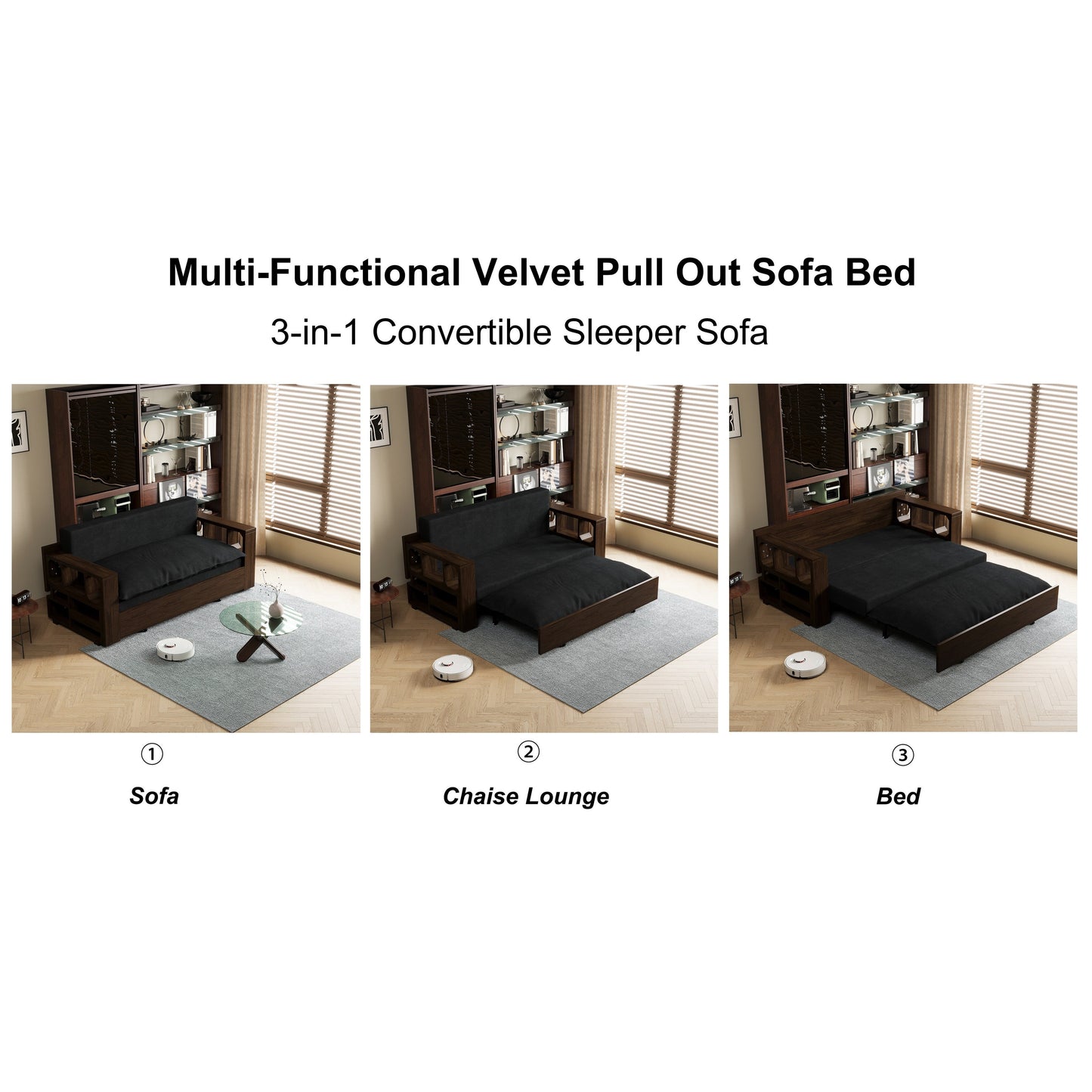 Canapé-lit convertible 3-en-1 noir 52,4 pouces avec système hydraulique et rangement, deux coussins moelleux pour le salon