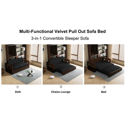Canapé-lit convertible 3-en-1 noir 52,4 pouces avec système hydraulique et rangement, deux coussins moelleux pour le salon