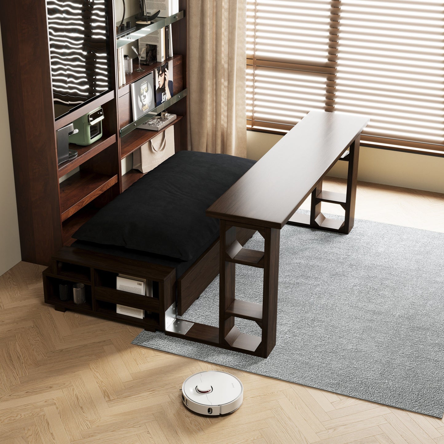 Canapé-lit convertible 3-en-1 noir 52,4 pouces avec système hydraulique et rangement, deux coussins moelleux pour le salon