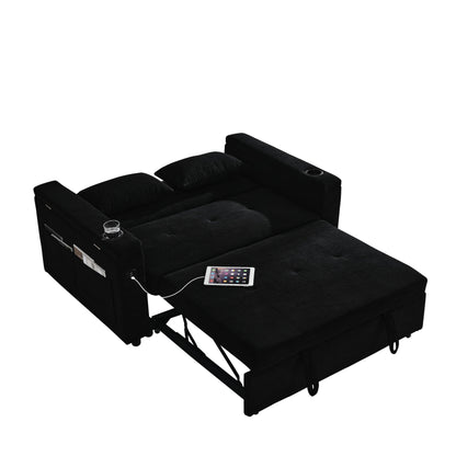 Canapé deux places en tissu noir 54'' : lit gigogne, rangement d'accoudoir et port de chargement USB
