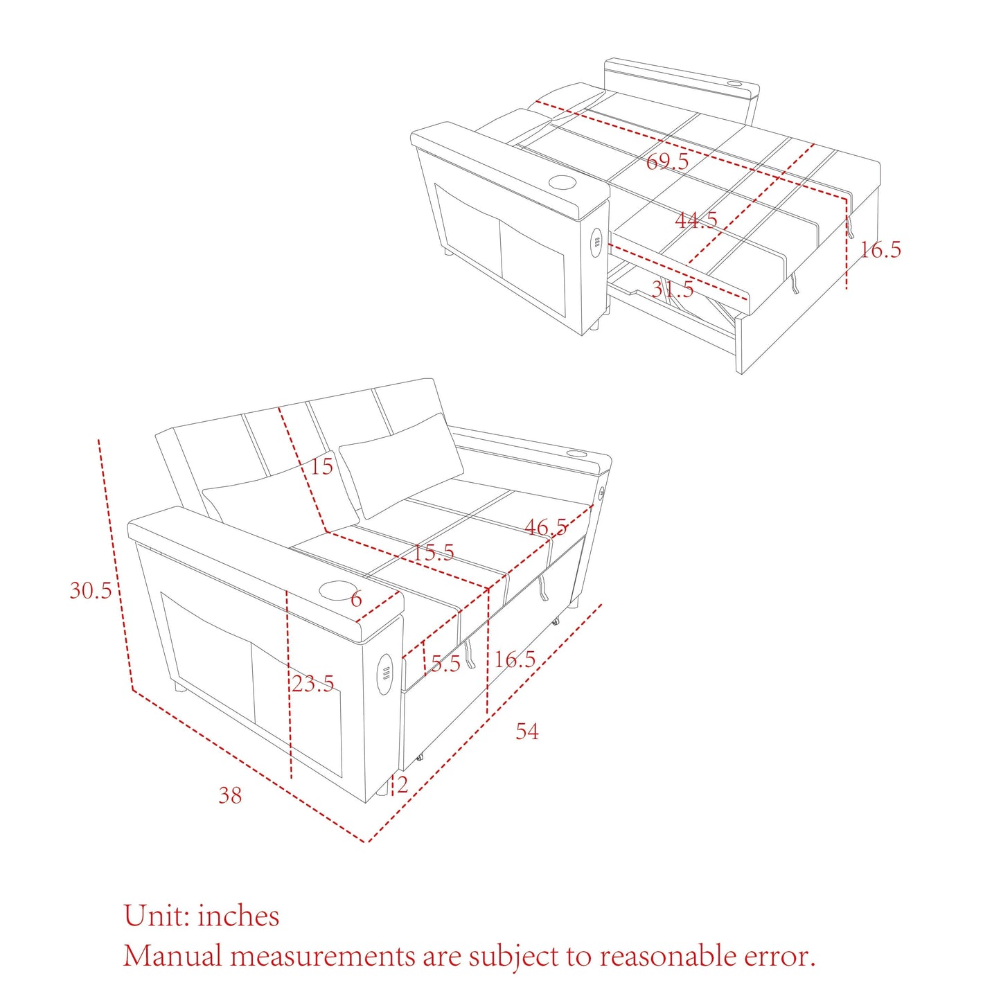 Canapé deux places en tissu noir 54'' : lit gigogne, rangement d'accoudoir et port de chargement USB