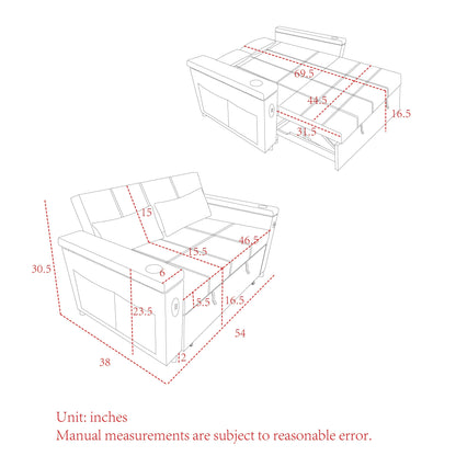 Canapé deux places en tissu noir 54'' : lit gigogne, rangement d'accoudoir et port de chargement USB