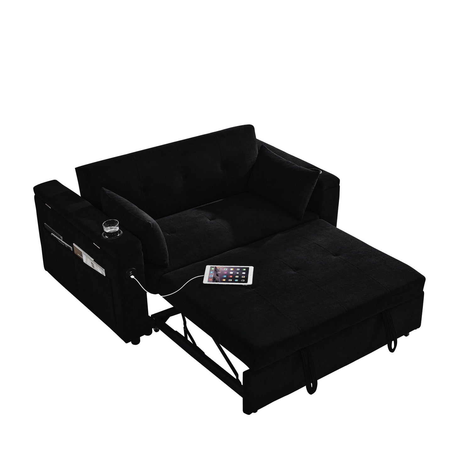 Canapé deux places en tissu noir 54'' : lit gigogne, rangement d'accoudoir et port de chargement USB